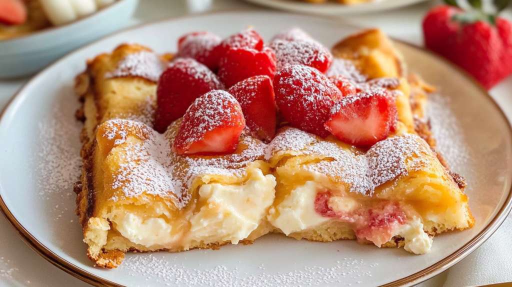 Creamy cheese-filled crepes topped with fresh strawberries and powdered sugar.