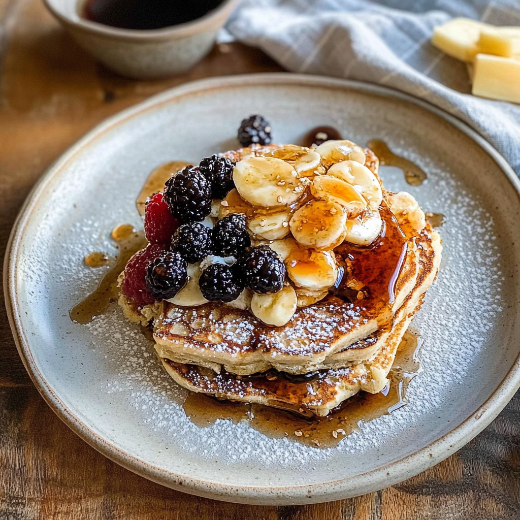 Fluffy pancakes with bananas, berries, and syrup on a plate.