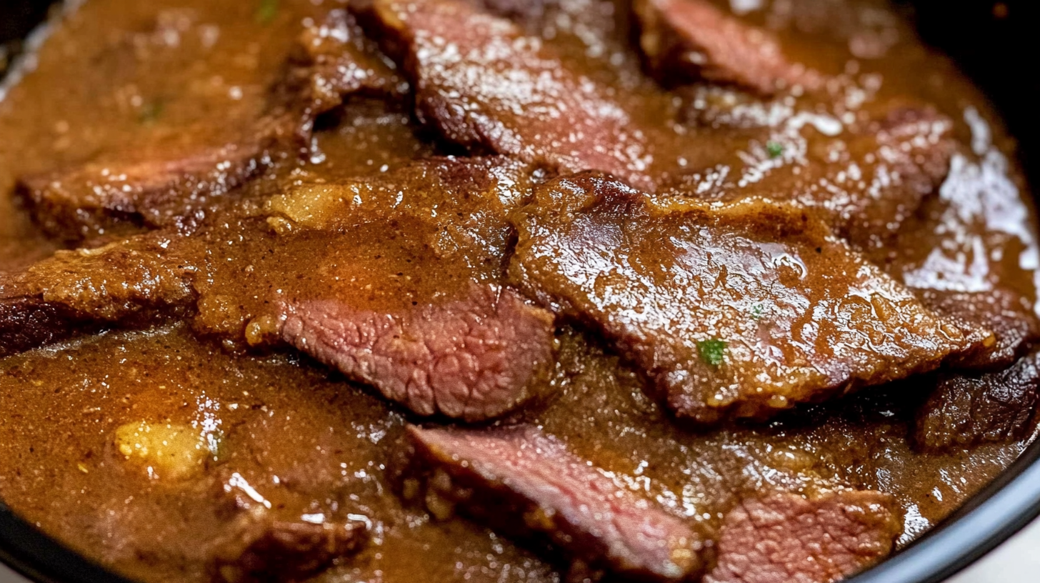 Thin sliced beef cooked in a rich, flavorful brown sauce, tender and juicy, ready to serve.