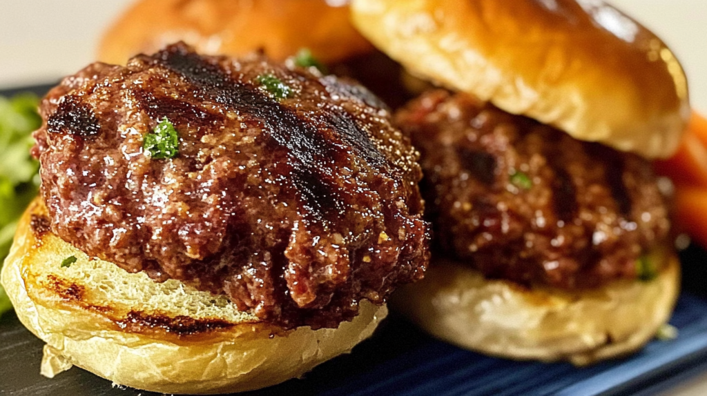 Grilled Wagyu beef burgers served on toasted brioche buns, garnished with fresh herbs and accompanied by vegetables.