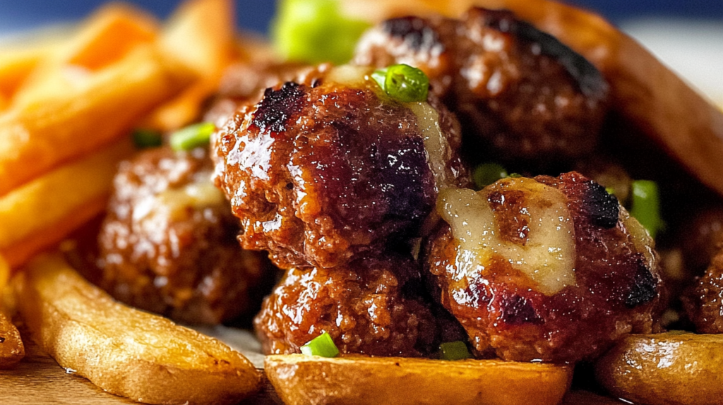 Juicy Wagyu beef meatballs topped with melted cheese, served alongside golden French fries and garnished with green onions.