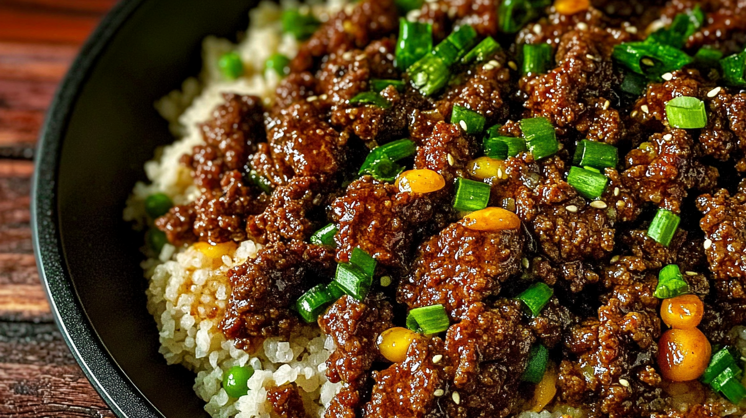 Wagyu ground beef served over steamed rice with vegetables, garnished with green onions and sesame seeds.