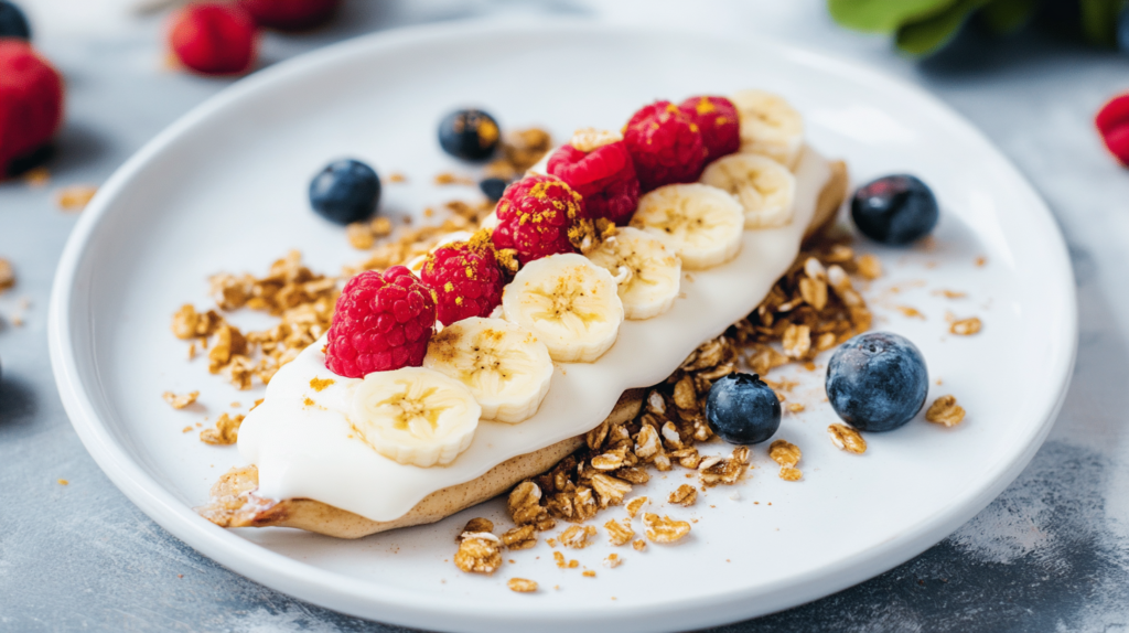 A white plate with a sweet breakfast side featuring a slice of banana bread topped with yogurt, sliced bananas, raspberries, granola, and scattered blueberries.