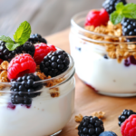 Two jars of yogurt parfait topped with granola, fresh blackberries, raspberries, and a sprig of mint, placed on a wooden surface.