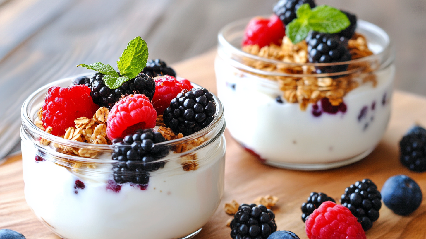 Two jars of yogurt parfait topped with granola, fresh blackberries, raspberries, and a sprig of mint, placed on a wooden surface.