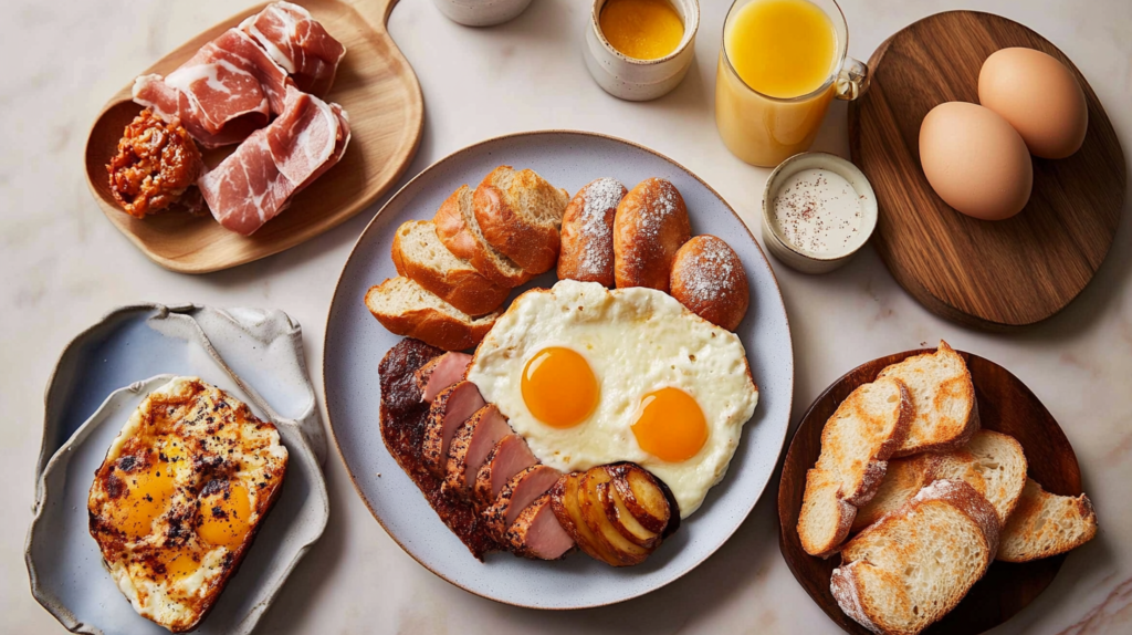 A luxurious breakfast spread featuring sunny-side-up eggs, crispy roasted potatoes, and perfectly seared slices of ham, accompanied by fresh baguette slices and powdered sugar-dusted pastries. On the side, there are rustic wooden plates holding prosciutto and creamy spreads, a glass of fresh orange juice, and a small bowl of cream. The marble countertop and artisanal dishware add an elegant touch to the presentation.