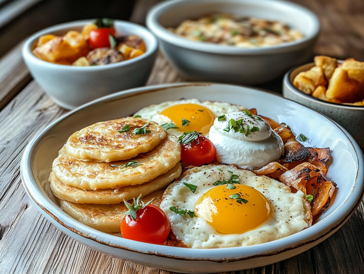 Breakfast platter featuring sourdough discard pancakes, sunny-side-up eggs, roasted cherry tomatoes, and crispy potatoes.