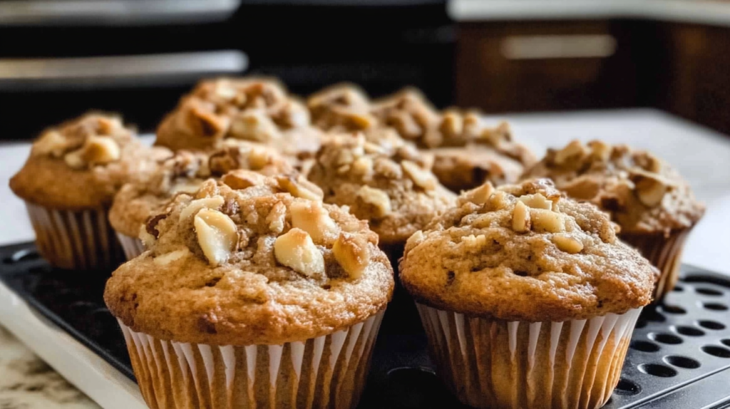 Sourdough discard muffins topped with crunchy nuts, fresh out of the oven.