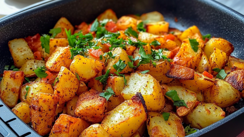 Golden, crispy air fryer breakfast potatoes garnished with fresh parsley and diced tomatoes, served in an air fryer basket.