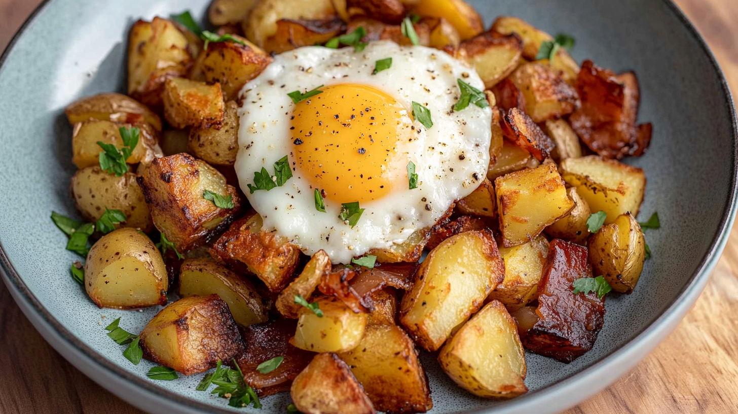 A plate of crispy air fryer breakfast potatoes topped with a sunny-side-up egg, garnished with fresh parsley.