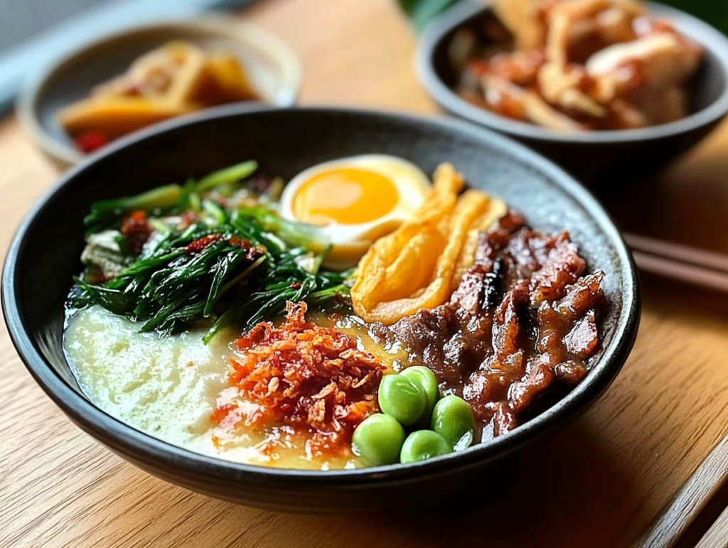 A hearty Asian breakfast bowl featuring congee topped with greens, crispy onions, fried egg, grilled meat, and fresh green peas.