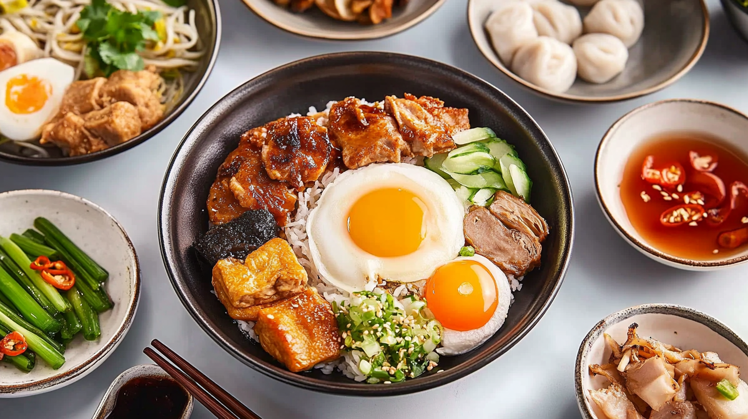 A colorful Asian breakfast spread featuring rice bowls with fried eggs, grilled meat, fresh vegetables, noodles, dumplings, and dipping sauces.