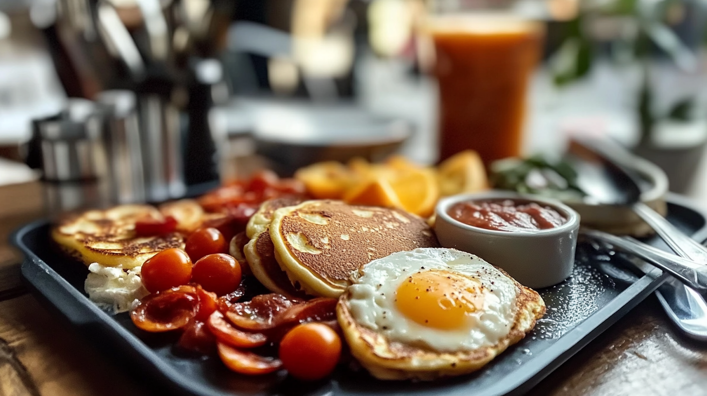 Big breakfast plate with hotcakes, fried egg, cherry tomatoes, sauce, and orange slices.