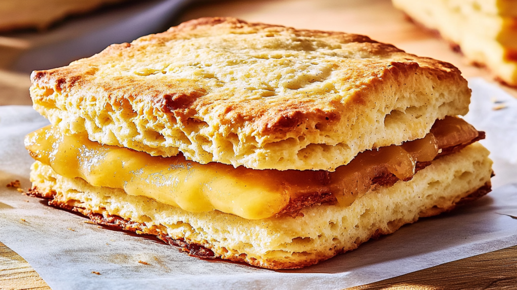 A golden-brown biscuit sandwich filled with melted cheddar cheese, placed on a sheet of parchment paper.