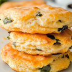 A stack of freshly baked savory biscuits with melted cheese and green herbs on a light surface.