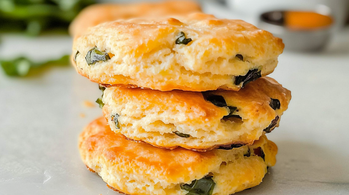 A stack of freshly baked savory biscuits with melted cheese and green herbs on a light surface.