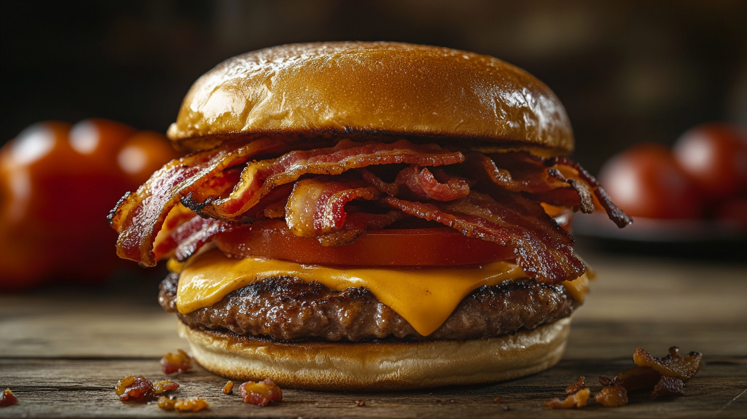 A close-up of a breakfast sandwich featuring crispy bacon, melted cheese, a sausage patty, and a toasted brioche bun on a wooden table.