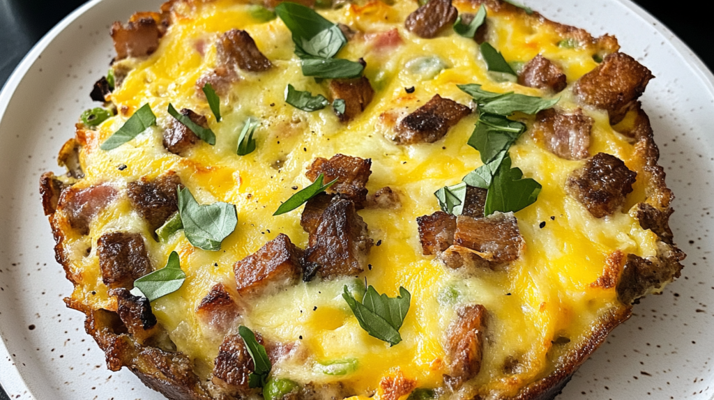 A hearty gluten-free breakfast casserole topped with melted cheese, crispy bacon, and fresh parsley, served on a white plate.