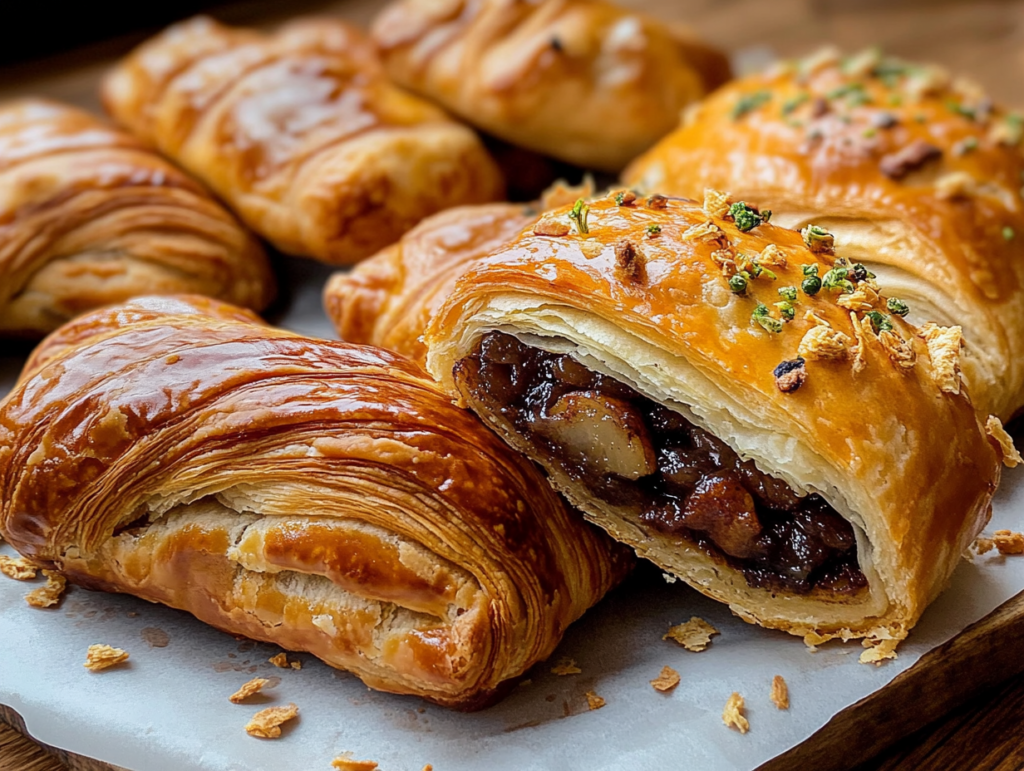 A close-up of golden, flaky breakfast pastries, including a stuffed pastry filled with a rich fruit and nut mixture, garnished with herbs.