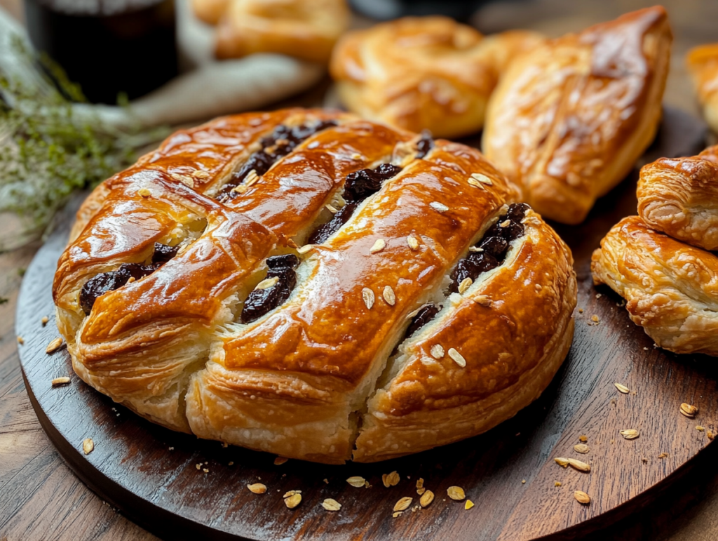 A golden, flaky breakfast pastry filled with dark fruit compote, topped with a glossy glaze and sprinkled with oats, displayed on a wooden board.