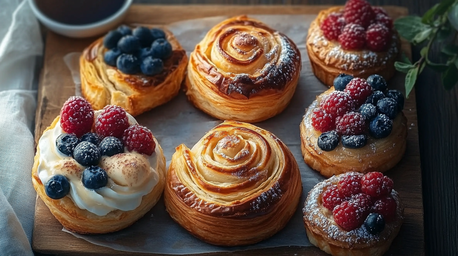 A selection of breakfast pastries, including fruit-topped Danish pastries and cinnamon rolls, beautifully arranged on a wooden board with powdered sugar.