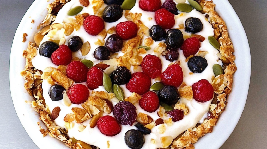 A sweet breakfast pie topped with fresh raspberries, blueberries, and crunchy granola, layered over creamy yogurt and a golden crust.