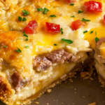 A freshly baked breakfast pie with a golden, flaky crust, filled with layers of eggs, cheese, and sausage, topped with diced tomatoes and parsley.