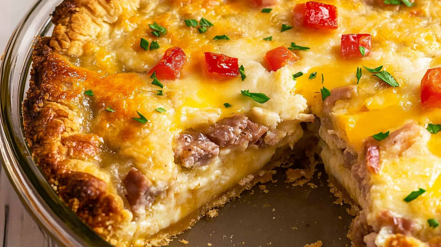 A freshly baked breakfast pie with a golden, flaky crust, filled with layers of eggs, cheese, and sausage, topped with diced tomatoes and parsley.