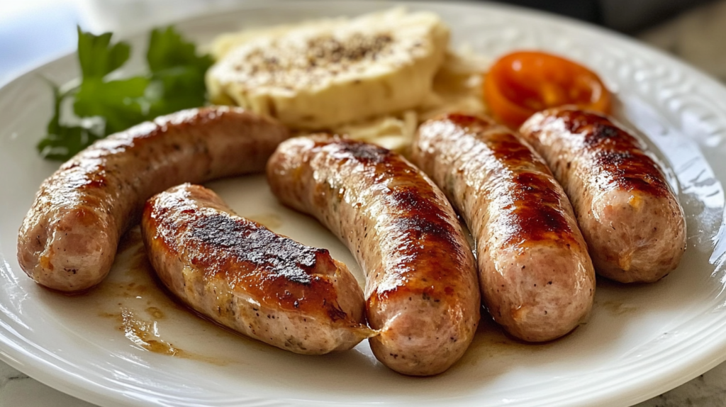 A plate of grilled breakfast sausages served with mashed potatoes, a slice of tomato, and fresh parsley.