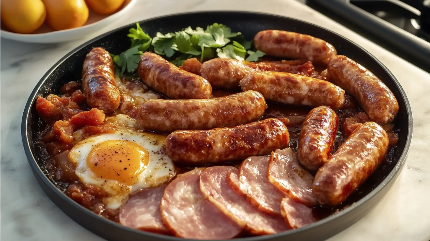 A skillet filled with breakfast sausages, fried eggs, sliced ham, and stewed tomatoes, garnished with fresh parsley.