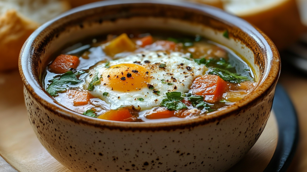 A rustic bowl of breakfast soup with a sunny-side-up egg, carrots, fresh herbs, and a rich broth.