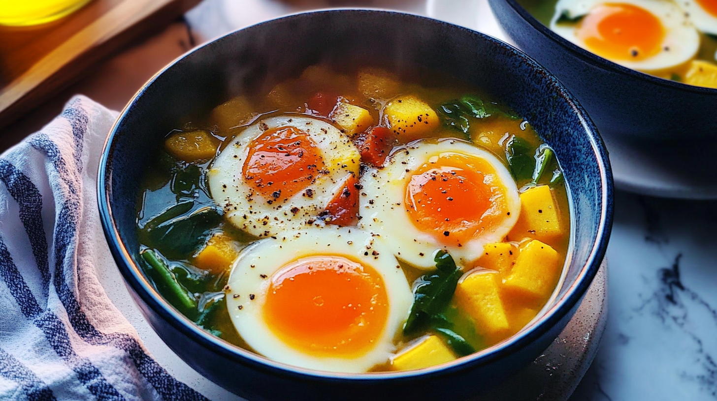 A bowl of breakfast soup with soft-boiled eggs, spinach, and diced vegetables in a warm broth.