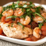 Grilled chicken topped with sautéed shrimp, fresh tomatoes, and garnished with chopped parsley on a white plate.