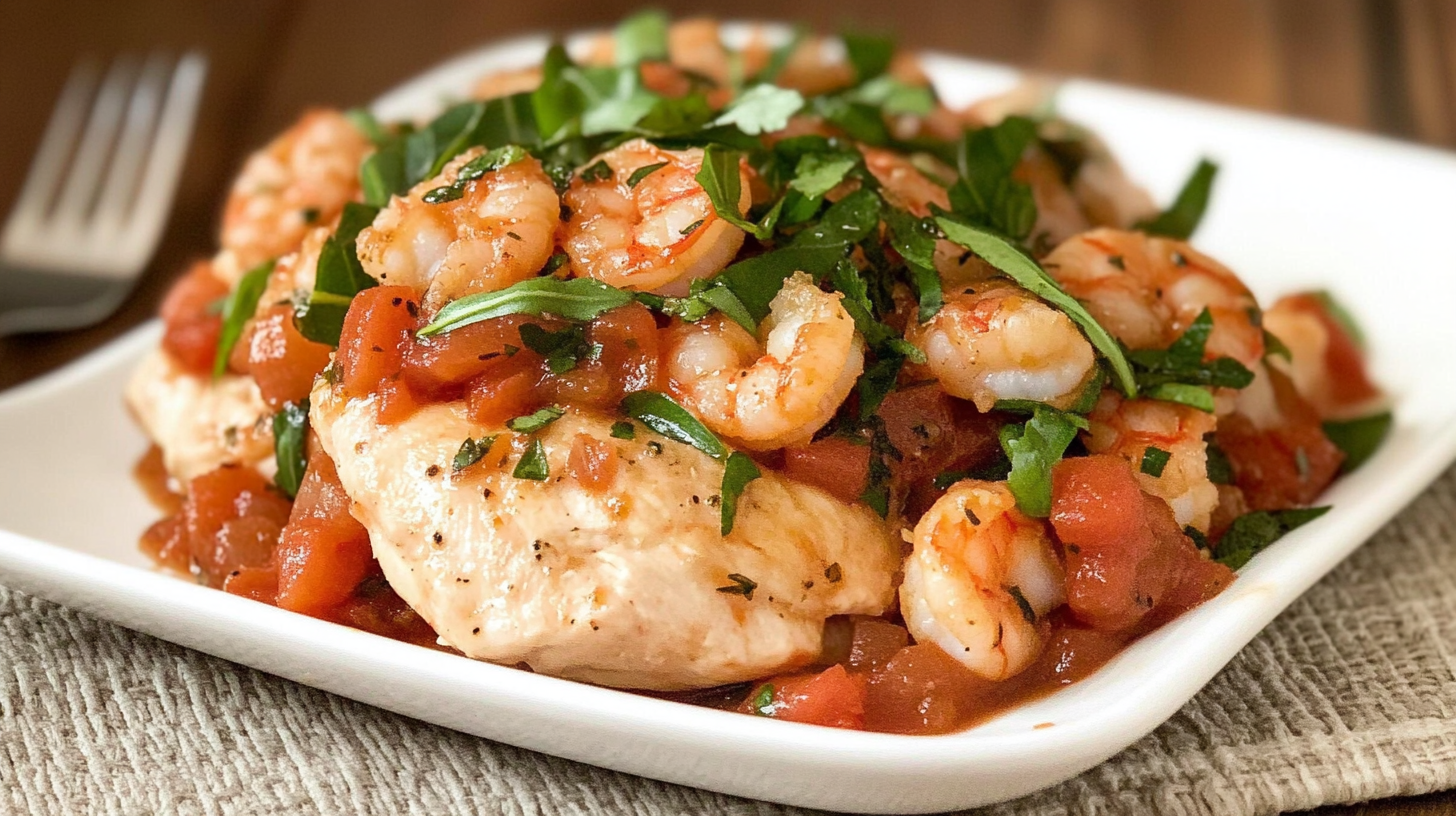 Grilled chicken topped with sautéed shrimp, fresh tomatoes, and garnished with chopped parsley on a white plate.