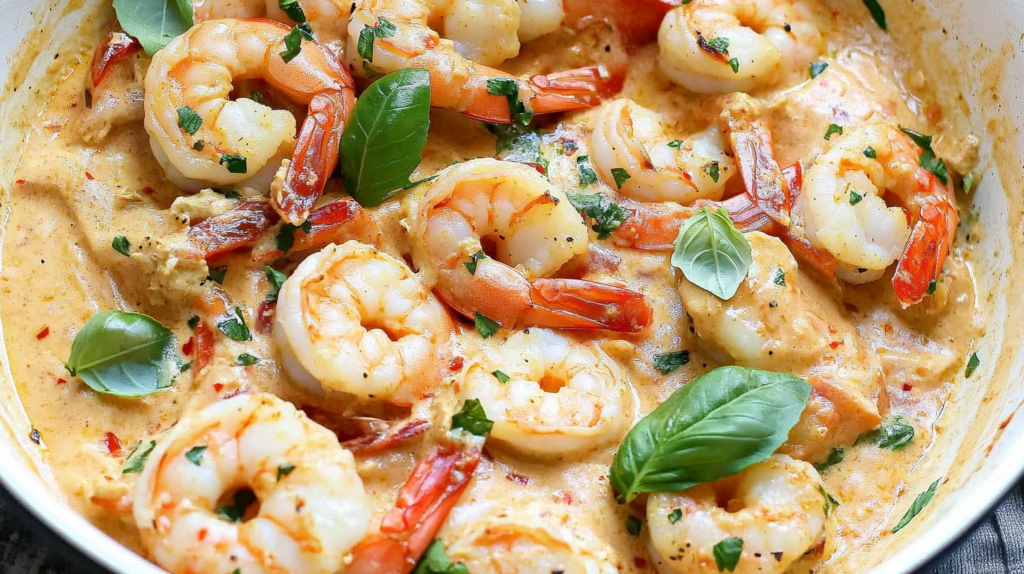 Creamy shrimp and chicken dish garnished with fresh basil leaves and parsley in a rich, flavorful sauce.