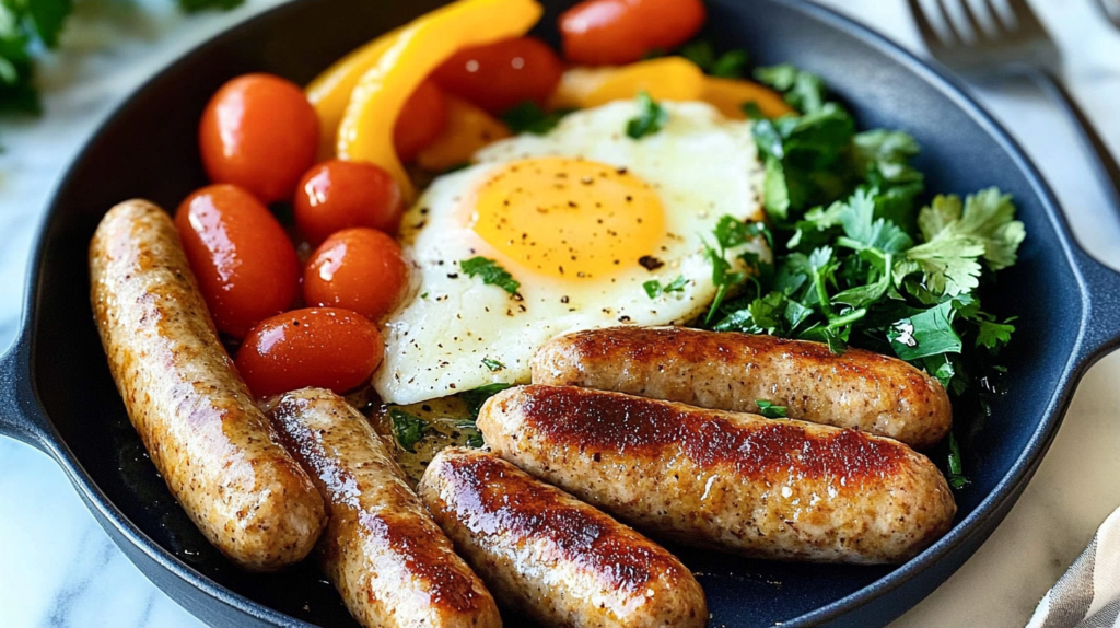 A skillet with cooked chicken breakfast sausages, a sunny-side-up egg, cherry tomatoes, yellow bell peppers, and fresh parsley.