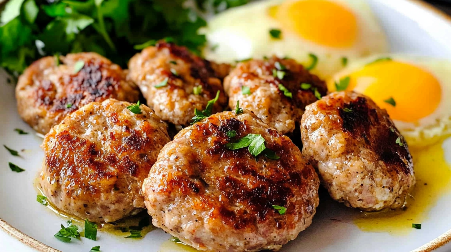 A plate of golden-brown chicken sausage patties garnished with fresh parsley, served alongside sunny-side-up eggs and greens.