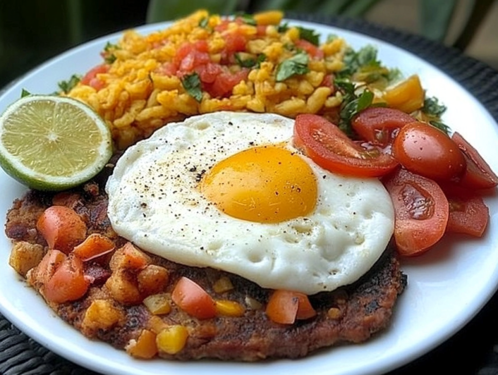 A vibrant Colombian breakfast featuring a fried egg on top of a meat patty, served with seasoned rice, fresh tomatoes, and a lime wedge on the side.