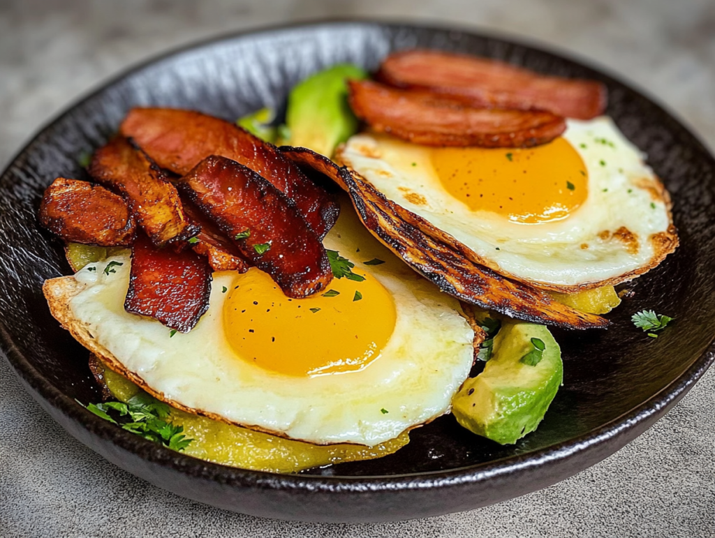 A delicious Colombian breakfast bowl featuring fried eggs, crispy plantains, avocado slices, and caramelized pork belly garnished with fresh herbs.