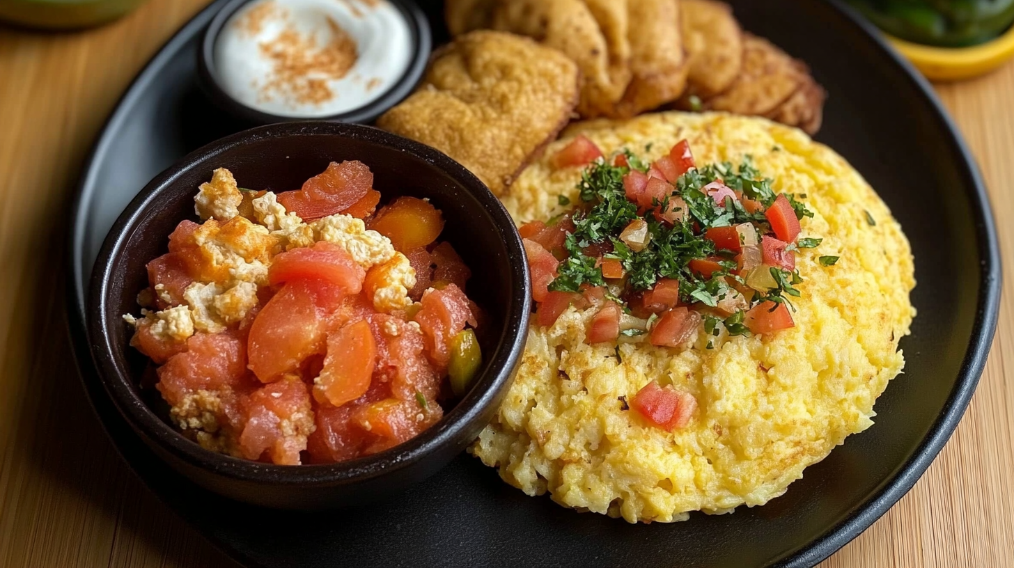 A traditional Colombian breakfast plate featuring scrambled eggs with tomatoes, arepas topped with fresh herbs, and fried plantains, served with a side of sour cream.