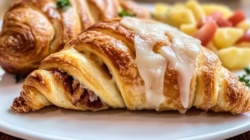 Golden crescent roll drizzled with icing, filled with a sweet cinnamon mixture, served on a white plate with fresh fruit in the background.