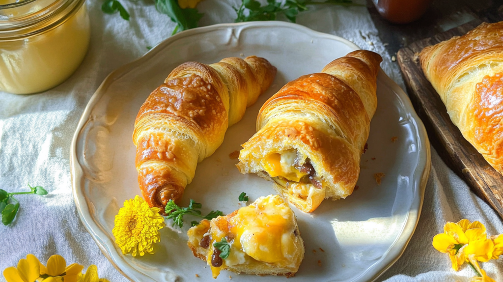 Flaky crescent rolls stuffed with melted cheese and savory fillings, served on a rustic plate with decorative yellow flowers and a cozy table setting.