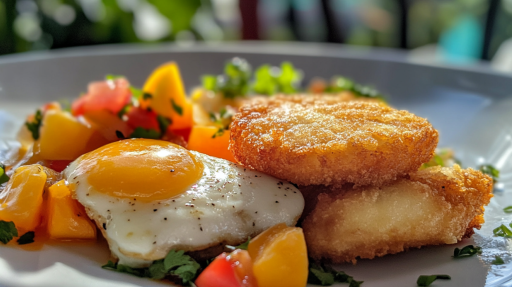 A vibrant Cuban breakfast plate featuring a sunny-side-up egg, crispy golden croquettes, and a side of fresh diced mango and tomato salad, garnished with cilantro.