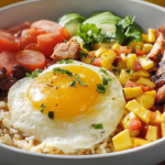 A colorful Cuban-inspired breakfast bowl featuring a sunny-side-up egg, grilled chicken, fresh tomatoes, diced mango, cucumber slices, black beans, and rice, garnished with chopped cilantro.