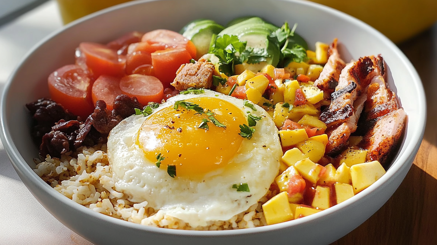 A colorful Cuban-inspired breakfast bowl featuring a sunny-side-up egg, grilled chicken, fresh tomatoes, diced mango, cucumber slices, black beans, and rice, garnished with chopped cilantro.