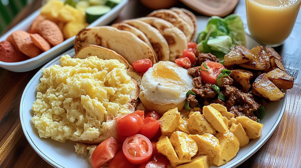  A colorful Dominican breakfast platter featuring scrambled eggs, pancakes, fried potatoes, ground meat, tomatoes, fresh greens, and tropical fruits with a glass of juice.