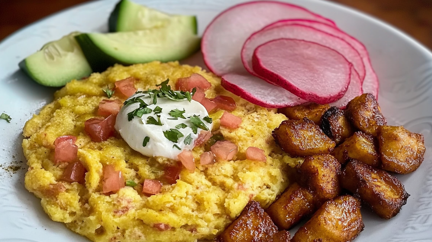 A Dominican breakfast plate featuring mangú topped with sour cream and diced tomatoes, accompanied by fried plantains, sliced radishes, and cucumber.