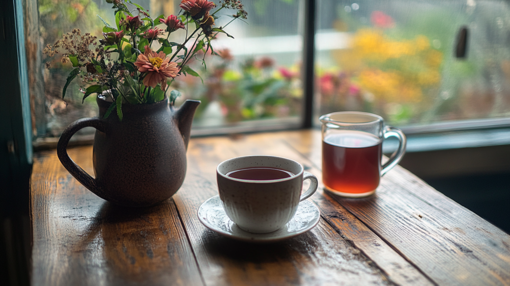 A cozy scene with a rustic ceramic teapot filled with flowers, a ceramic cup of english breakfast tea on a saucer, and a glass mug of tea, placed on a wooden table by a window overlooking a garden.