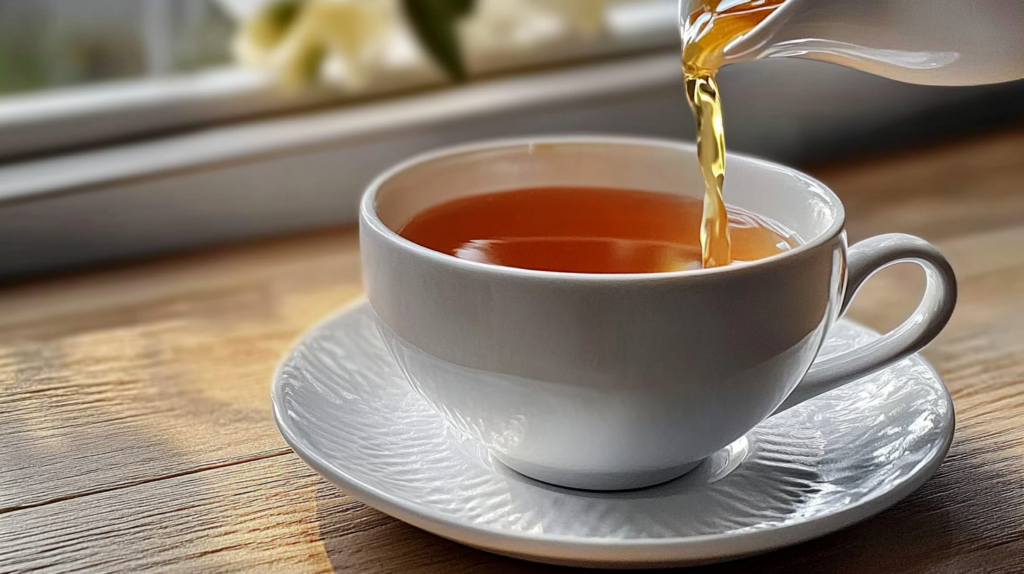 A close-up of golden tea being poured into a white ceramic cup placed on a matching saucer, set on a wooden table with soft natural light streaming through a window.