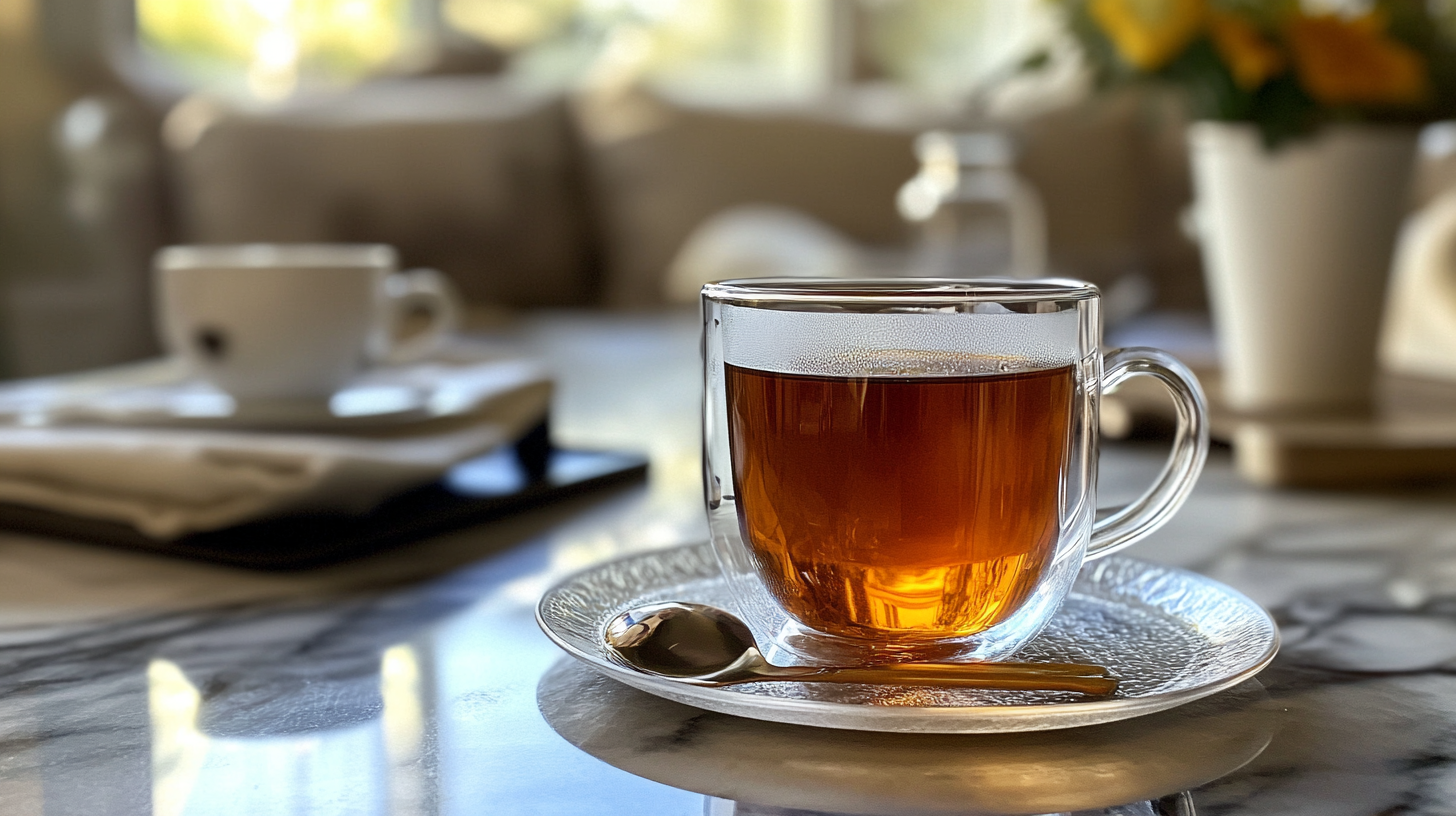 A clear glass cup filled with freshly brewed English Breakfast Tea placed on a saucer with a spoon, set on a marble table in a bright and cozy room.